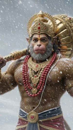 Divine Hanuman in Snow with Golden Gada – Powerful HD Artwork