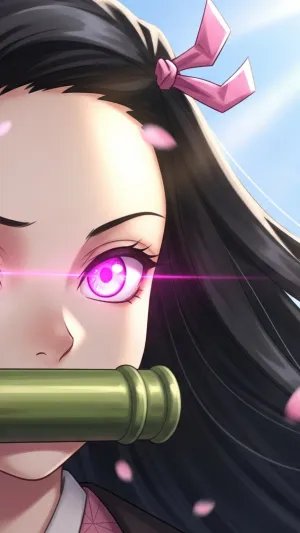 Nezuko Anime Portrait with Glowing Pink Eyes and Sakura Petals