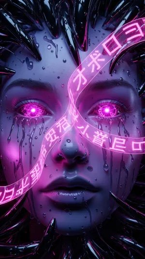 Neon Cyber Goddess With Glowing Eyes and Futuristic Aura