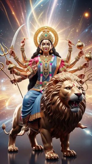 Goddess Durga Riding Lion Divine Power 4K Wallpaper