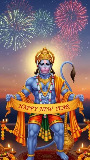 Happy New Year Hanuman Wallpaper with Fireworks & Blessings