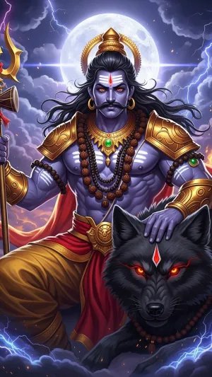 Divine Warrior God with Trident and Wolf – Dark Fantasy Wallpaper