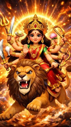Goddess Durga Riding Lion in Divine Warrior Form