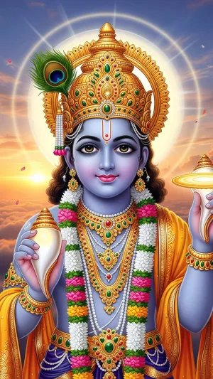 Divine Lord Vishnu Holding Shankh and Sudarshan Chakra