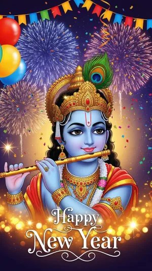 Happy New Year Lord Krishna Flute Blessings Wallpaper