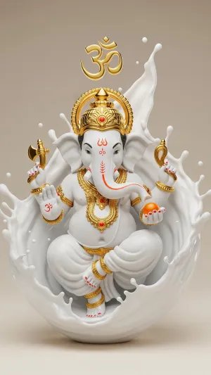 White Marble Lord Ganesha with Golden Crown