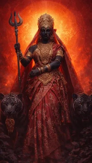 Fierce Maa Durga with Trishul and Tigers Wallpaper
