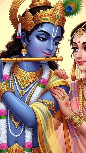 Radha Krishna Playing Flute – Divine Love 3D Illustration
