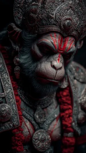 Fierce Lord Hanuman Close-Up Wallpaper – Power, Bhakti & Valor