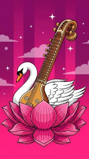 Goddess Saraswati Symbol Art with Veena and Swan