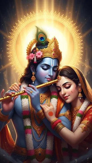 Divine Krishna and Radha Playing the Flute