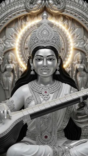 Divine Goddess Saraswati Playing Veena in Sacred Silver Form