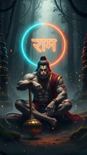 Meditating Hanuman with Ram Naam in Sacred Forest