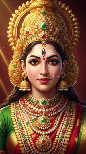 Divine Goddess Lakshmi Portrait with Golden Crown and Sacred Aura