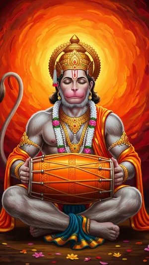 Meditative Lord Hanuman Playing Mridanga in Divine Bhakti