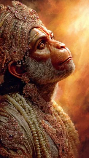 Divine Lord Hanuman Gazing Toward Light in Golden Devotion