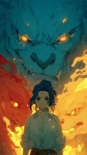 Awakened Spirit Amid Fire and Shadows – Dark Fantasy Anime Art