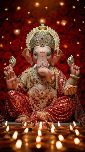 Lord Ganesha with Diyas – Divine Red & Gold Devotional Art