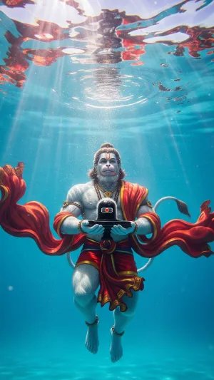 Divine Hanuman Holding Shivling Underwater