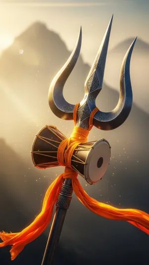 Divine Trishul and Damru of Lord Shiva at Sunrise