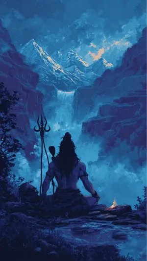 Meditating Shiva by Himalayan Waterfall at Midnight