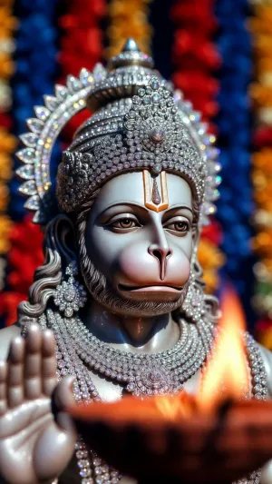 Divine Hanuman Idol with Sparkling Crown and Aarti Flame
