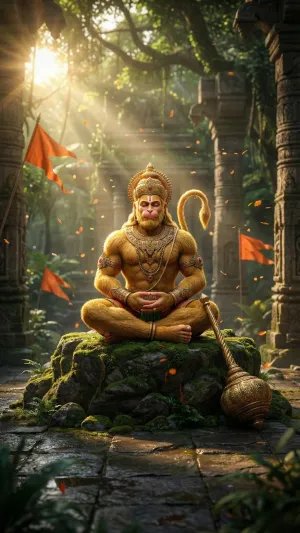 Meditating Lord Hanuman in Ancient Temple Forest