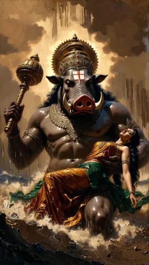 Lord Varaha Avatar Rescuing Bhudevi Divine Artwork