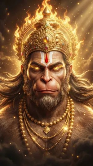 Divine Hanuman with Fiery Crown and Golden Aura