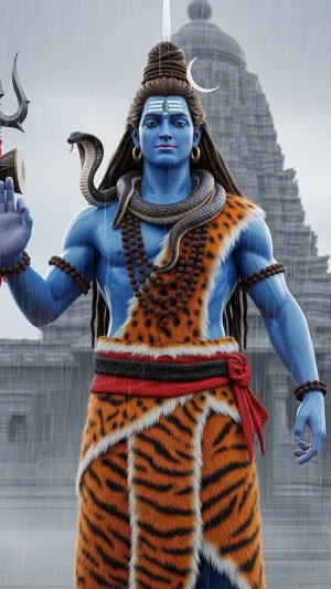 Lord Shiva Standing in Rain with Temple Backdrop
