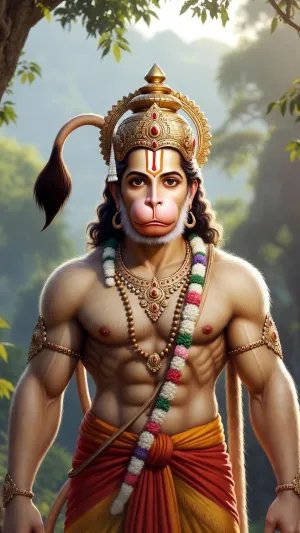 Divine Hanuman Standing in Sacred Forest Light