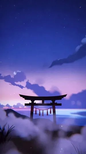 Dreamy Torii Gate Under Starry Sky Aesthetic Wallpaper