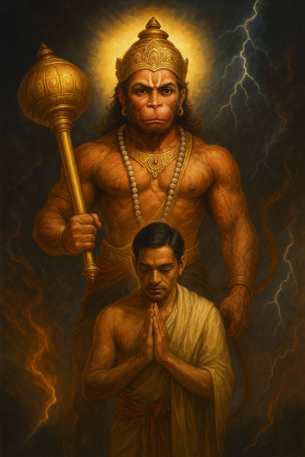 Divine Protection – Lord Hanuman Standing Behind His Devotee