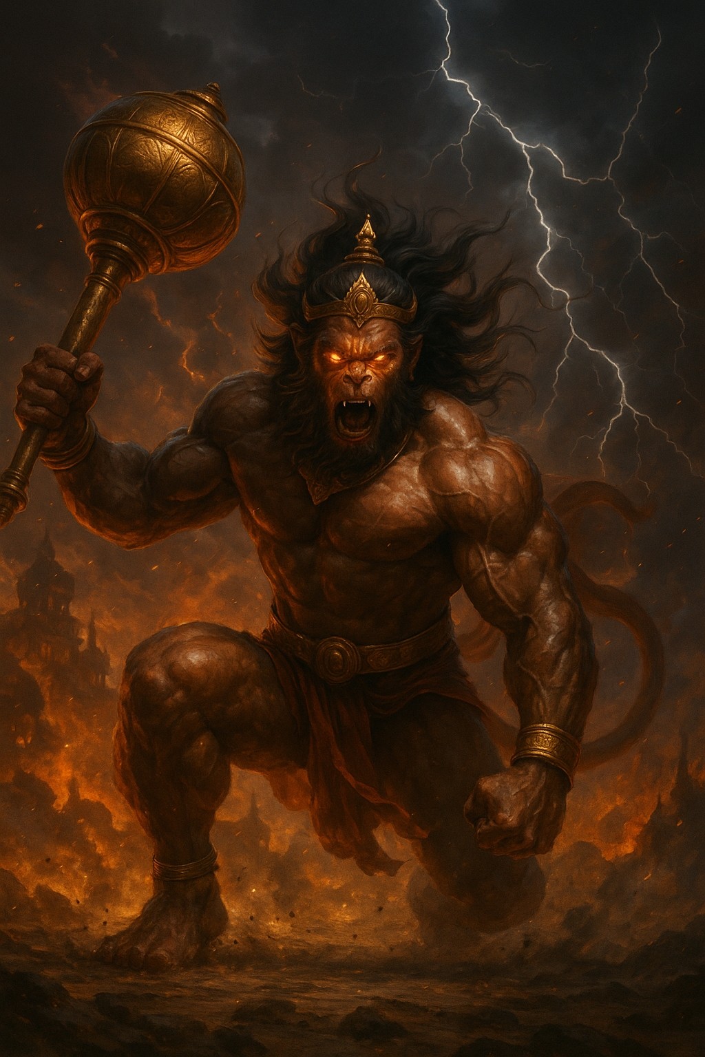 Fierce Hanuman with Gada and Lightning