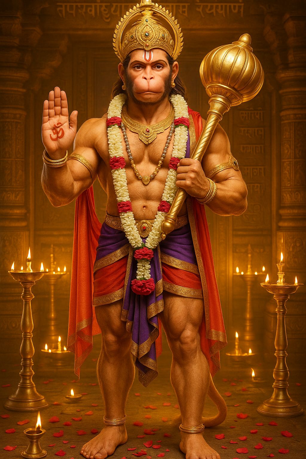 Standing Hanuman Ji HD Wallpaper with Gada and Blessing Pose