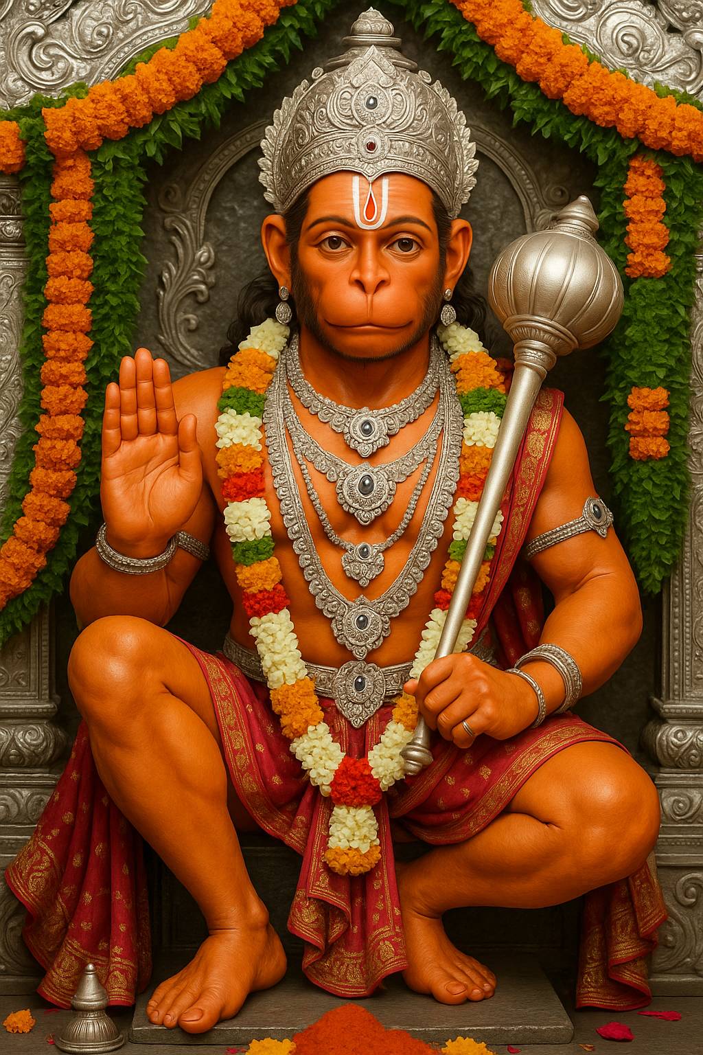 Hanuman Ji Silver Crown Idol Wallpaper in Blessing Pose