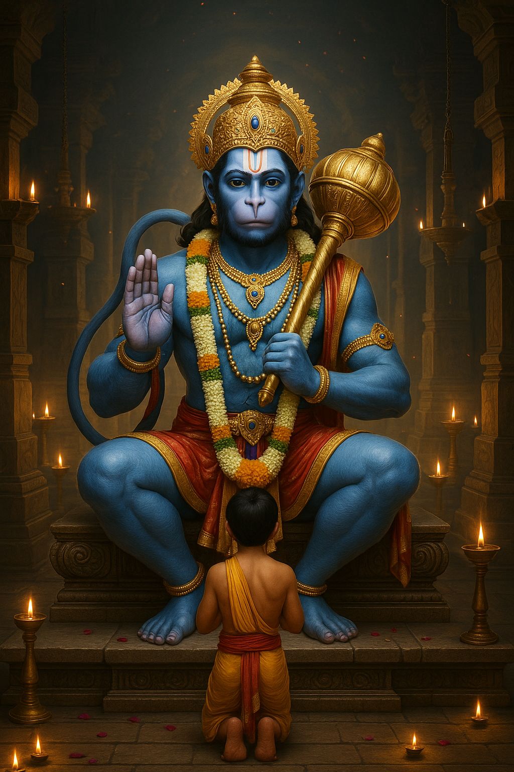 Blue Hanuman Ji Blessing a Devotee in Temple Wallpaper