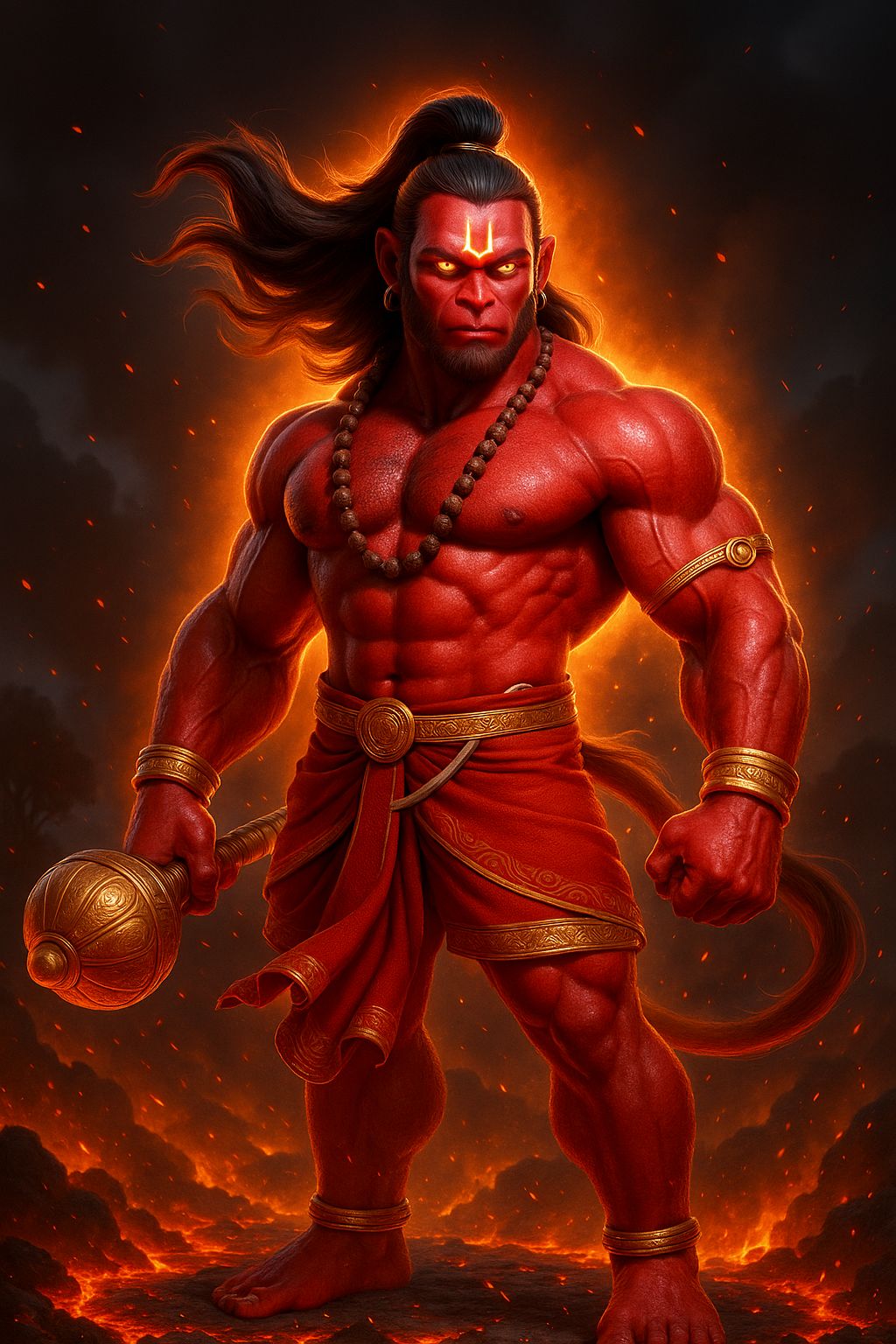 Fierce Red Hanuman with Fiery Aura