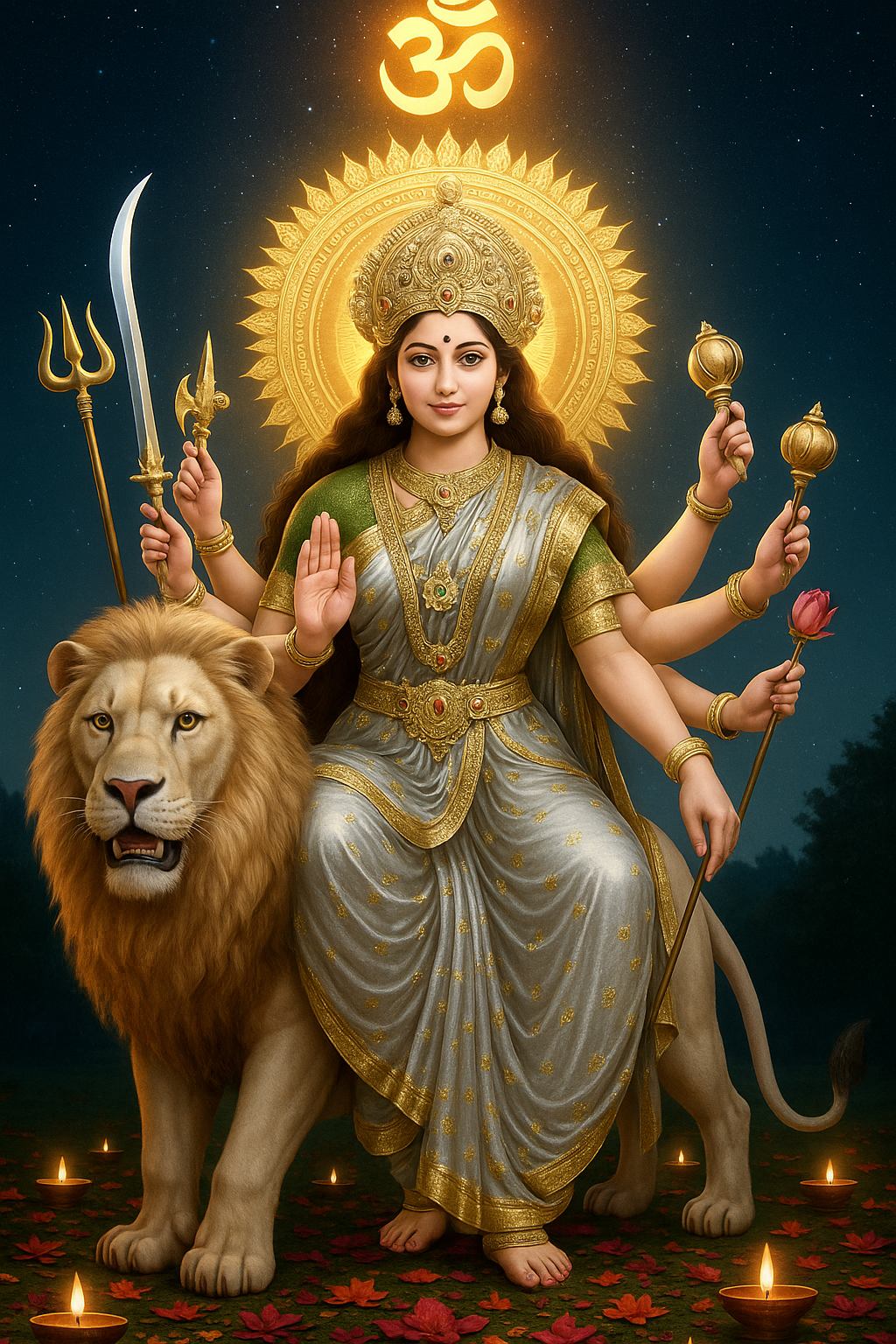 Goddess Durga on Lion at Night