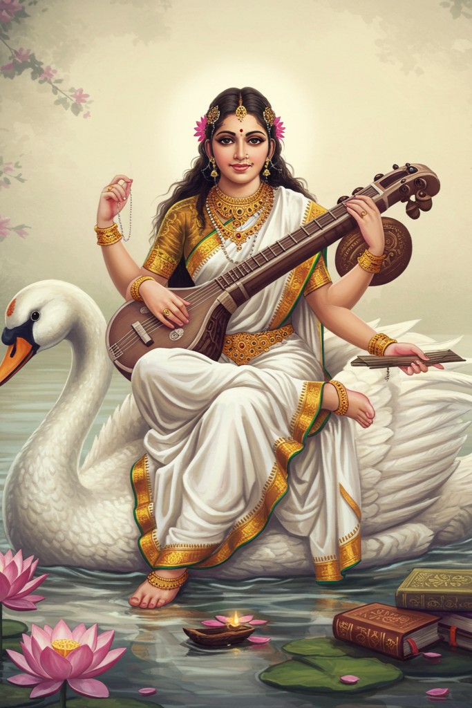 Goddess Saraswati Sitting on Swan with Veena