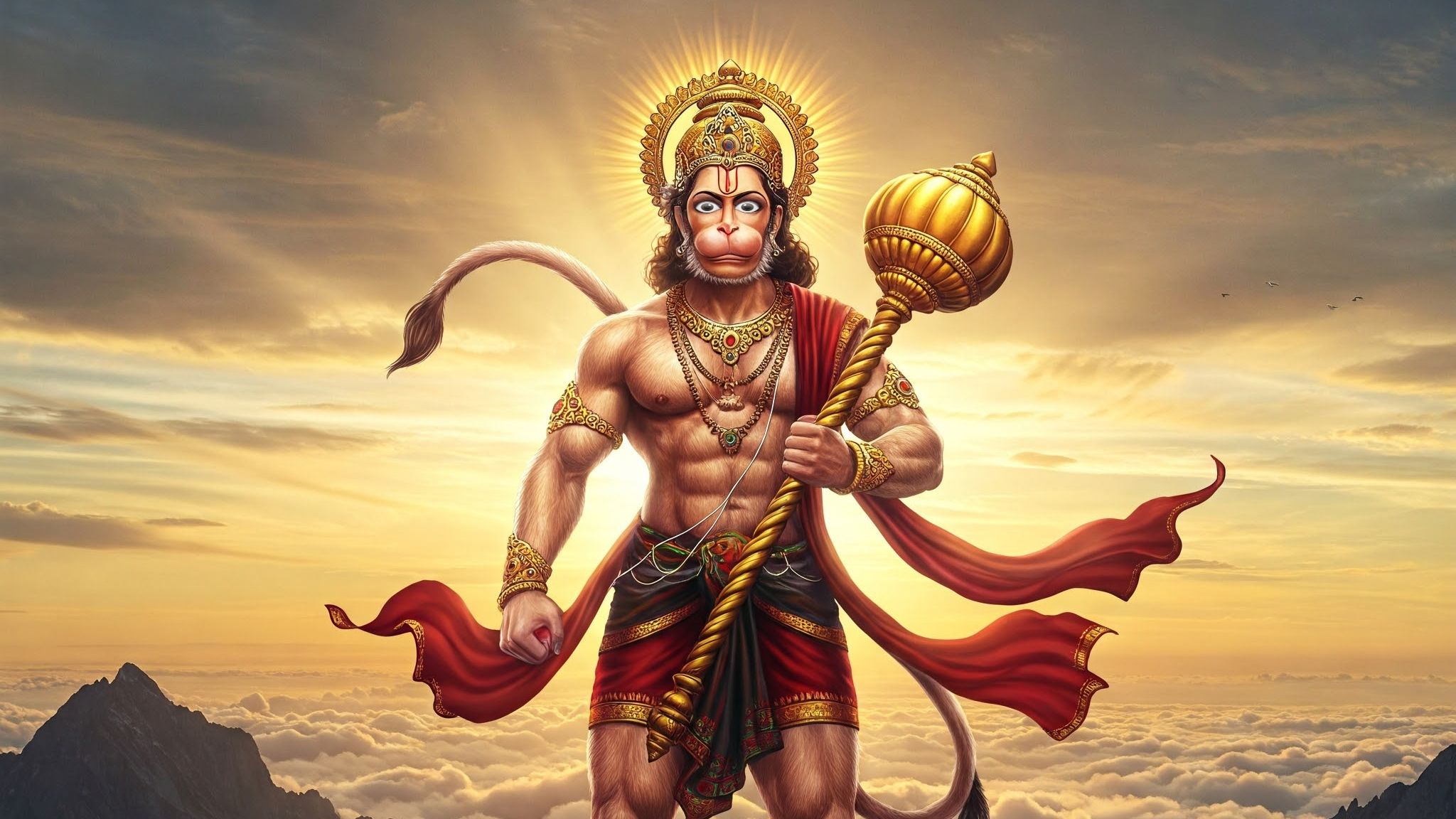 Lord Hanuman Standing Above the Clouds