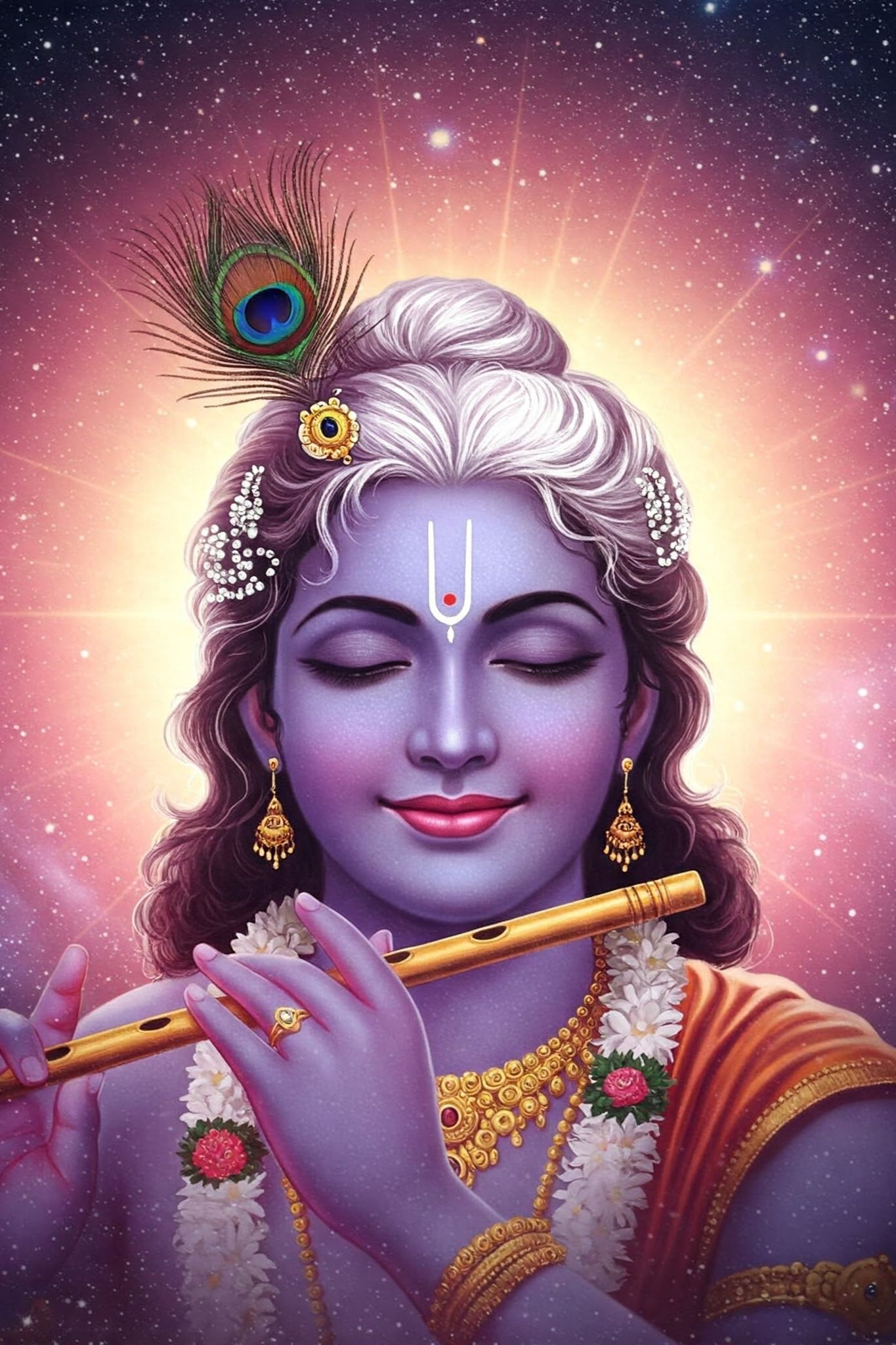 Divine Krishna Playing Flute Under Cosmic Light