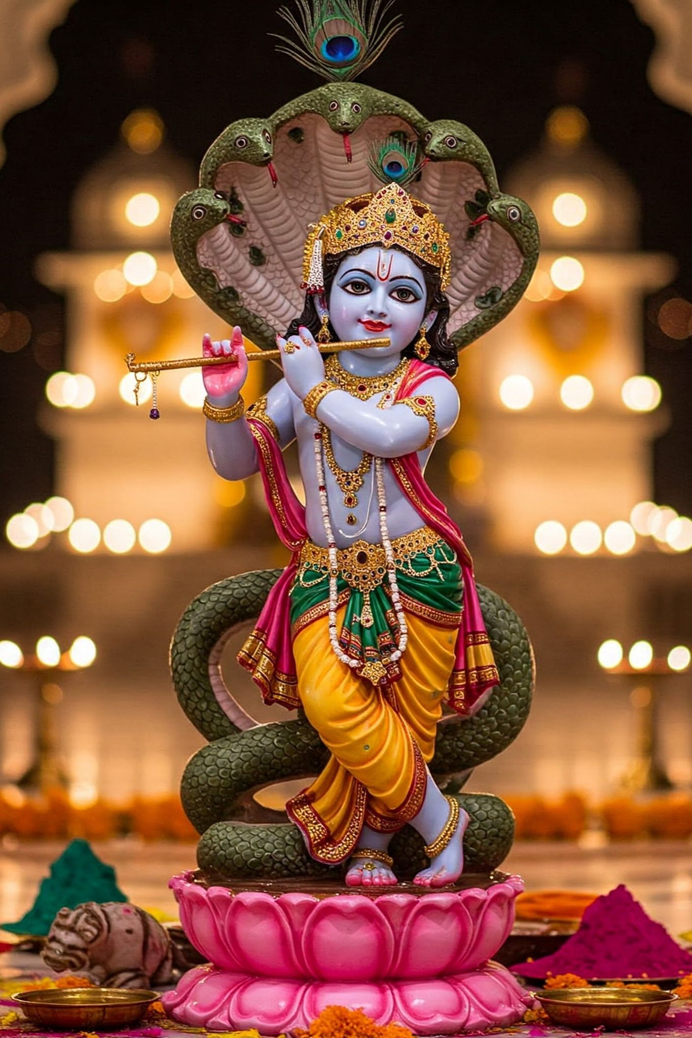 Little Krishna with Kaliya Naag on Lotus Idol