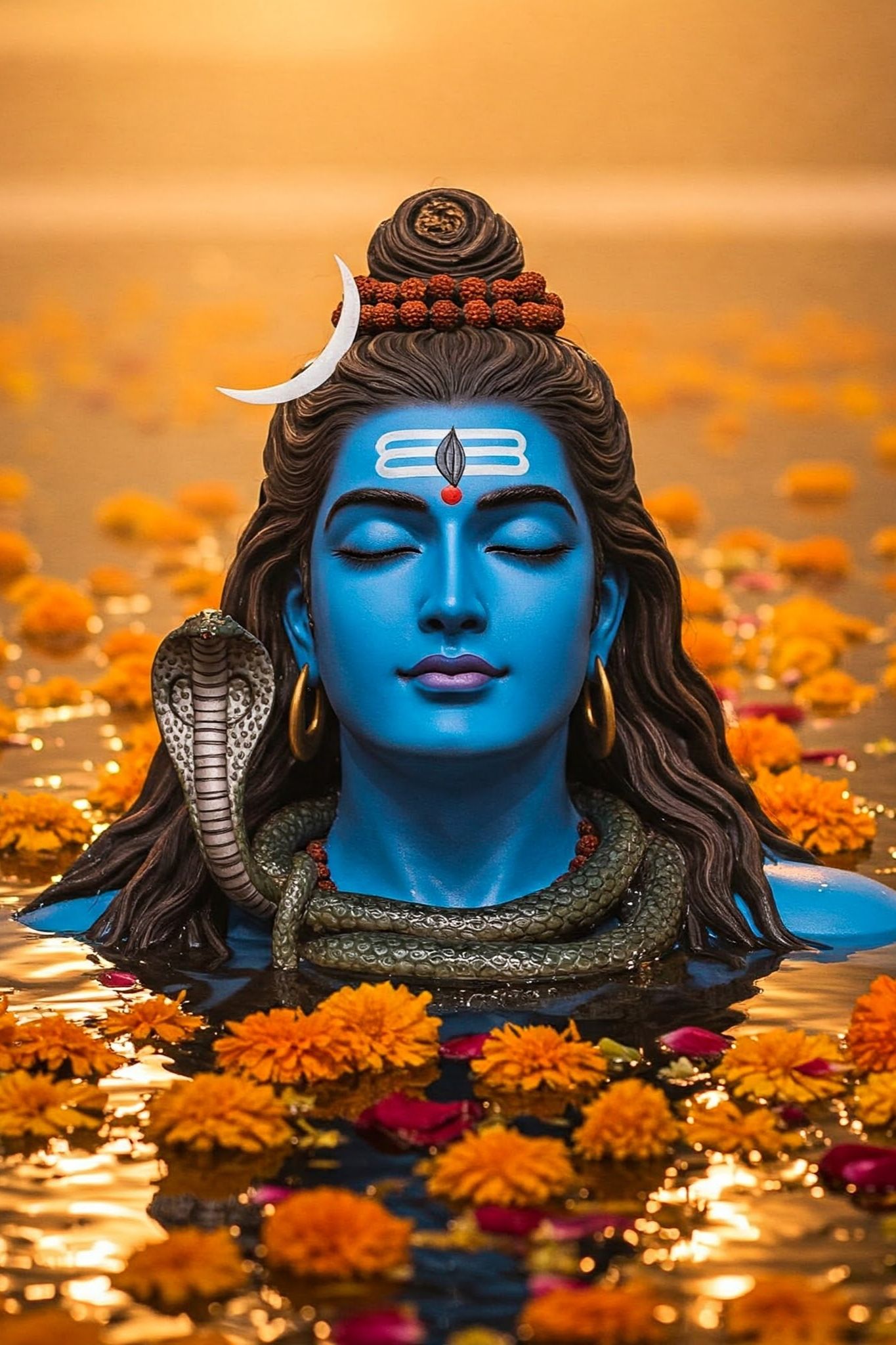Meditating Shiva Idol in Water with Flowers