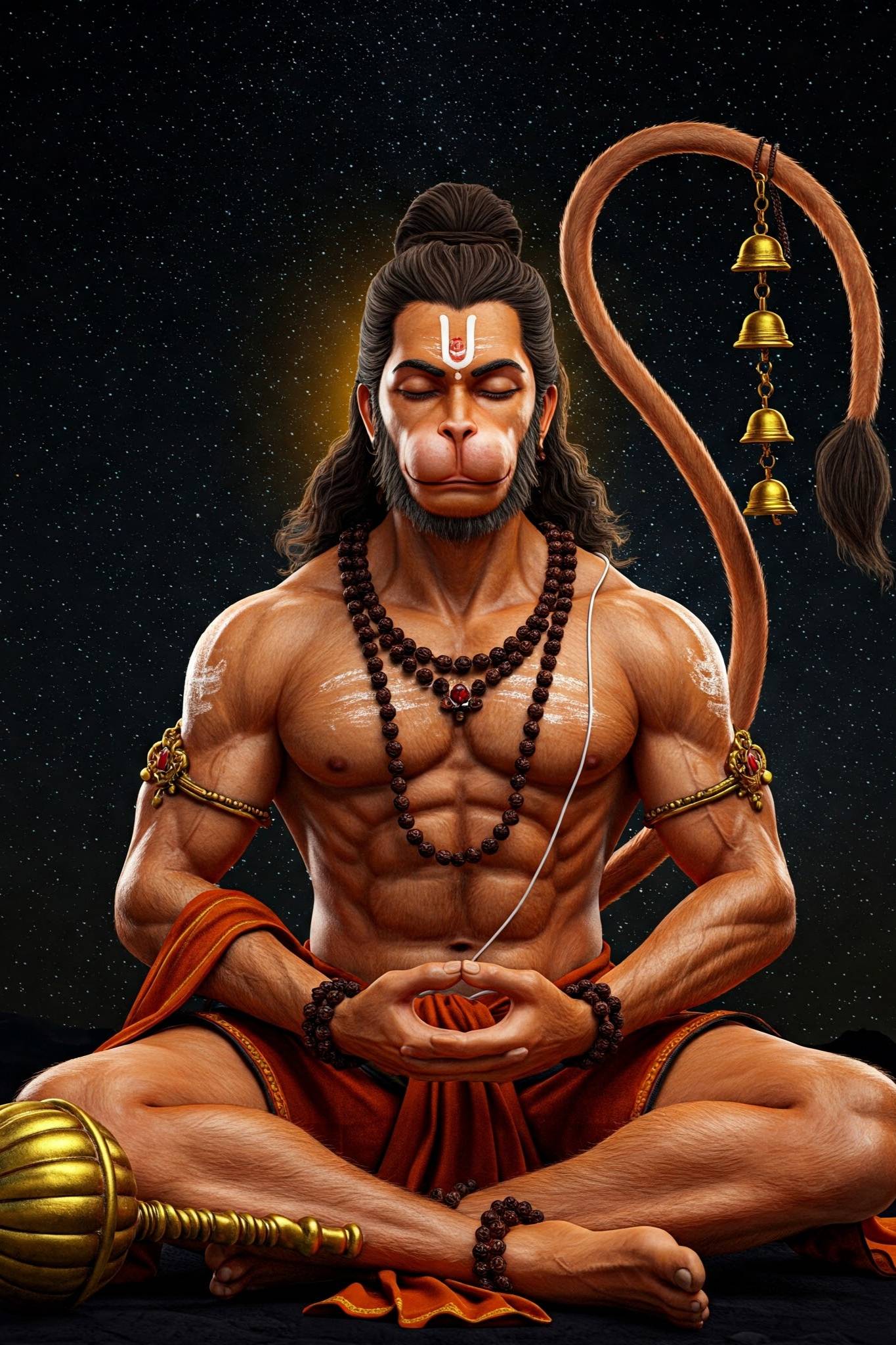 Lord Hanuman in Deep Meditation Under Starry Sky