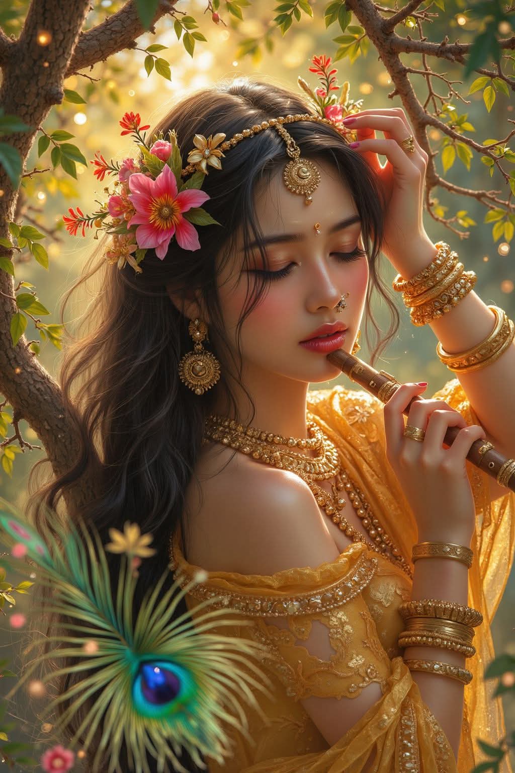 Divine Radha Playing the Flute in a Serene Forest