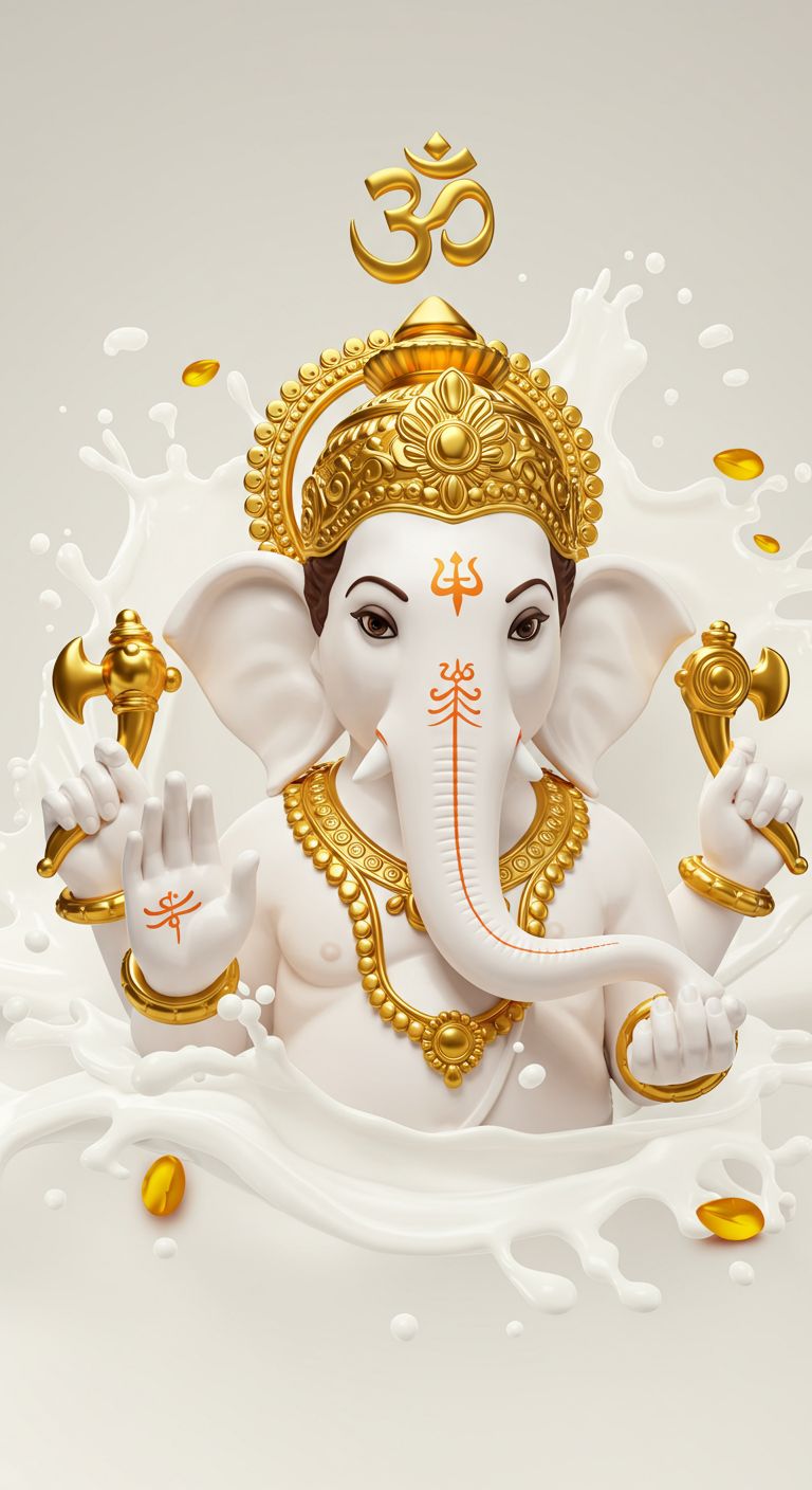 White Ganesh HD Wallpaper – Golden Crown & Milk Splash Background