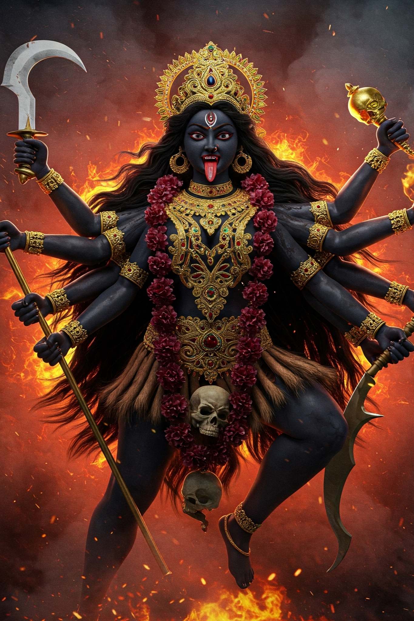 Maa Kali Wallpaper – Fierce Hindu Goddess with Fiery Background