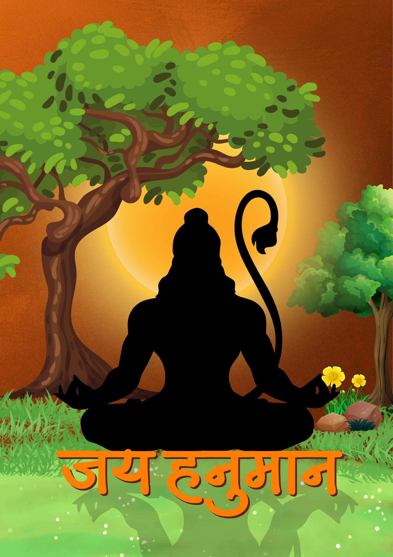 Jai Hanuman Wallpaper – Meditating Hanuman Silhouette with Sunset