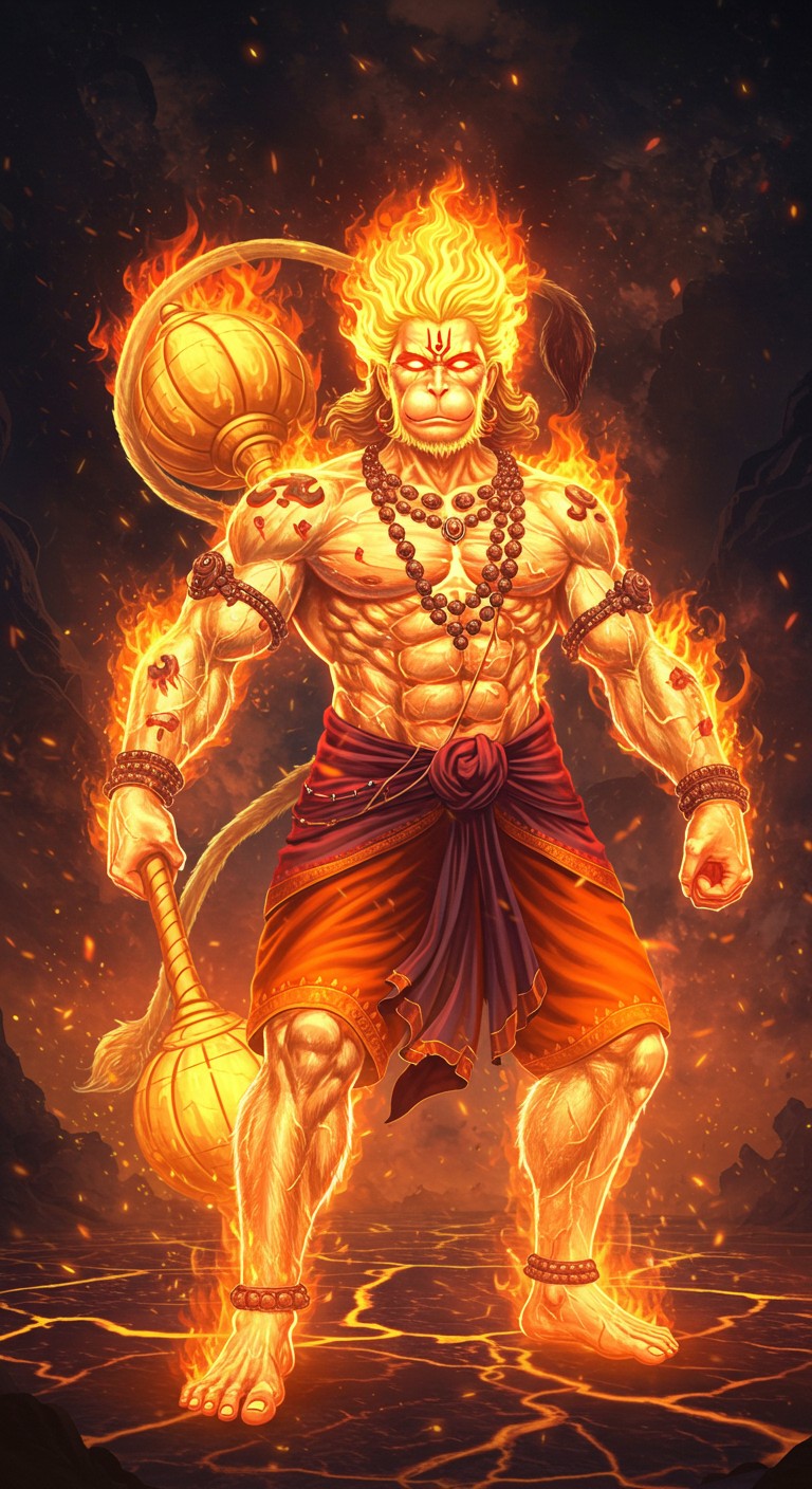 Flaming Warrior Hanuman in 3D Lava Realm